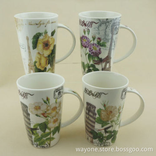 Fine China Mug in Flower Design, 4 Colors, 440mL Volume, Measures 8.3 x 12.2cm